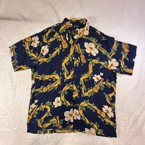 Hawaiian Reserve Collection Mens L Navy Ukulele Hibiscus Aloha Shirt Hawaii